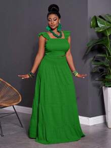 Slaydiva 2pcs Set: Casual Vacation Solid Peach Red Cap Sleeve Crop Top & Textured Flare Midi Skirt, Plus Size Women, Spring/Summer 2025,Holiday Outfits Boho - Green - View 5