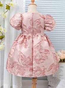 女孩年轻女孩正式泡泡袖圆领提花拉链公主裙，优雅迷人，适合生日派对 - 粉色 - 查看 2