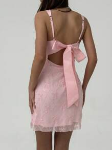 Aloruh Women's Sequins Bowknot Contrast Mesh Backless Dress - Pink - View 7