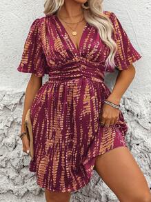 EMERY ROSE Plus Size V-Neck Short Sleeve Minimalist Casual Dress - Red Violet - View 1