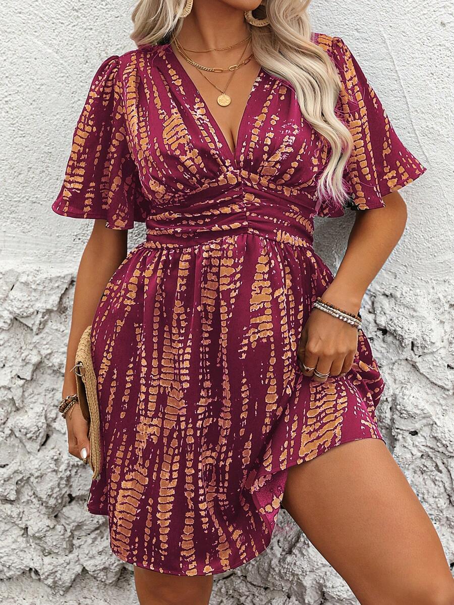 EMERY ROSE Plus Size V-Neck Short Sleeve Minimalist Casual Dress - Red Violet - View 1