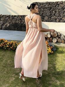SHEIN Clasi Plus Size Women Metal 3D Floral Decor Ruffle Neck Dress - Baby Pink - View 2