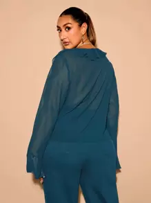 SHEIN BAE Plus Size Fall Elegant Sweet Sexy Women Blue Chiffon Ruffles Decoration Fit Long Sleeve Top Shirt Daily Wear See-Through