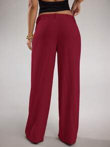 SHEIN BAE 女式杏色纯色亚麻休闲阔腿裤，低腰，适合日常、度假、办公室、春夏季 - 酒紅色 - 查看 4