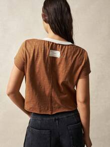 VARSITIE Damen Lässig Sport Kurzarm Kontrast Farbe Stern T-Shirt Top - Khaki - Übersicht 2