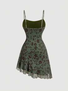 SHEIN MOD Green Base Flocked Strap Asymmetrical Hem Short Plus Size Women Dress - Multicolor - View 2