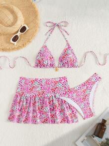 Swim Mod 3pcs Women Summer New Ditsy Floral Halter Triangle Top, Ruffle Hem Mini Skirt And Cute Swimwear Set - Multicolor - View 5