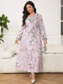 Al Najma Plus Size Women's Floral Pattern Cinched Waist Arabian Dress,Modest - Multicolor - View 3