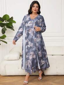 Al Najma Plus Size V-Neck Long Sleeve All-Over Print Top And Casual Dress 2 Pieces Set - Multicolor - View 5