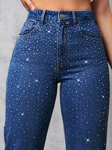 SHEIN PETITE Women's Rhinestone Embellished Pocket Skinny Jeans, For All Seasons - Blue - View 5