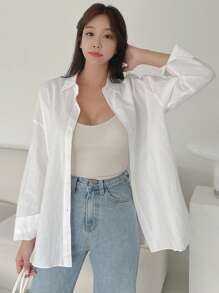 DAZY 纯色纽扣前落肩宽松衬衫，长袖上衣 - 白色 - 查看 5