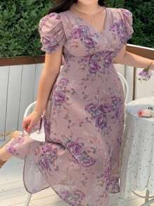 Dazy Plus Plus Size Purple Ditsy Floral V-Neck Puff Sleeve Dress, Soft And Romantic, Holiday & Beach Style, Spring/Summer Sundress