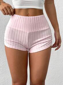 SHEIN EZwear Pantalones cortos casuales de verano de punto rosa claro con plisados ajustados
