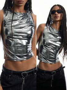 SHEIN X Scot Louie LYSMO 2025 新款女士夏季派对 Y3K 节时尚褶饰修身无袖上衣，银色 - 銀色 - 查看 6