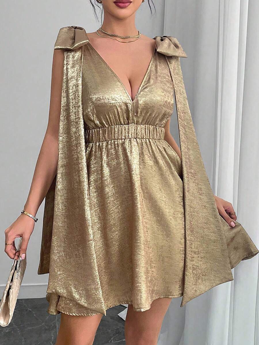 Chiquease Abito da donna monocolore con fiocco metallico e senza maniche - Dorato - Visualizzare 1