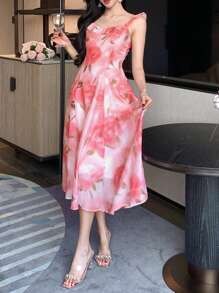 DAZY Knee Length Sleeveless Floral Print Ruffle Hem Square Neck Dress For Women Sundress Vacation Outfits Women - Pink - View 3