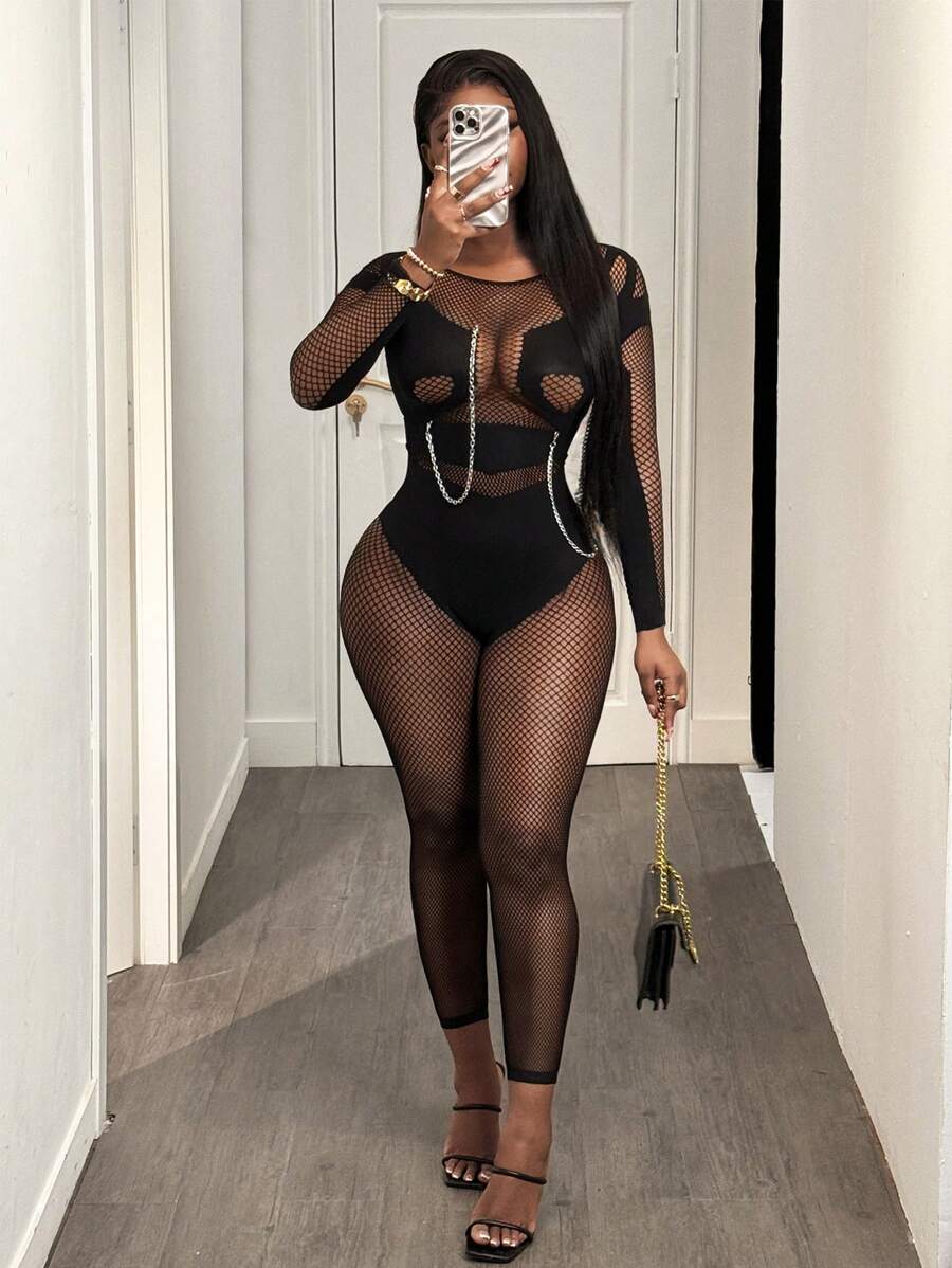 BamGleam Solid Color Round Neck Hollow Mesh Ripped Seamless Jumpsuit - Black - View 1