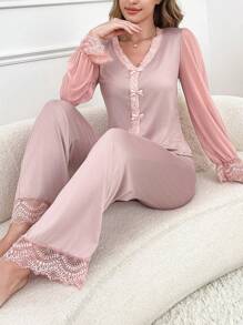 2pcs Women V-Neck Lace Romantic Pajama Set - Dusty Pink - View 6