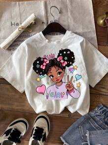 SHEIN Leap Crew 2 pièces/Set T-shirts imprimés de bandes dessinées décontractés pour jeune fille, convenant pour l'été - Multicolore - Voir 3