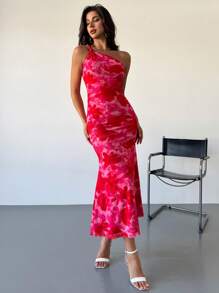 Firerie 女士优雅花卉印花单肩鱼尾下摆连衣裙，适合度假、约会、音乐节 - 紅色 - 查看 7