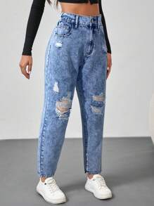 SHEIN Tall 女士紧身破洞蓝色七分牛仔裤 - 卡其色 - 查看 6