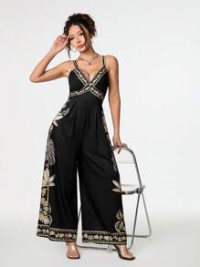 SHEIN PETITE Women's Floral Print Bohemian Style Jumpsuit - Black - View 8