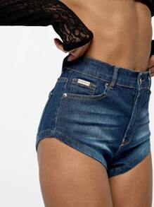 SUMWON WOMEN High Waist Stretch Denim Shorts Mid-Thigh Festival Summer Beach Casual Fitted Jean Shorts Distressed Raw Hem Classic Vacation Spring Break Streetwear - Dark Wash - View 6