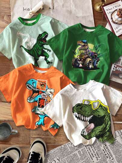 SHEIN Leap Crew Set de 4 camisetas de manga corta con estampado gráfico de dinosaurio de dibujos animados, cómodas y con estilo casual clásico, adecuadas para primavera y verano, para niños pequeños
