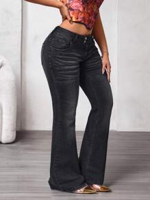 SHEIN SXY Jeans casuales versátiles con volantes y bolsillos para mujeres - Negro - Ver 4