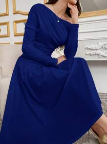 Modelyn 女士优雅魅力斜肩针织编织伞形下摆时尚连衣裙长款晚礼服 - 藏蓝色 - 查看 3