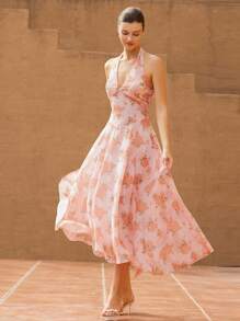 Aveloria Rosie French Elegant Floral Chiffon Dress, Romantic Floral Print, Halter Neck, Deep V-Neck, Waisted, Sleeveless, Vacation/Resort Style Boho Vacation FashionableStyle All Over Print For Summer