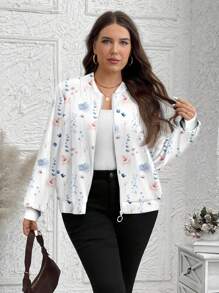 SHEIN LUNE Plus Size Casual Retro Floral Pattern Jacket, Suitable For Spring Outings Autumn And Winter Fall - White - View 7