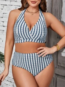 Swim Basics Plus Size Women 2 Pieces Striped Halter V-Neck Tankini Swimwear Set, Fashionable Casual Holiday Beach For Summer Beach Vacation - Blue - View 4