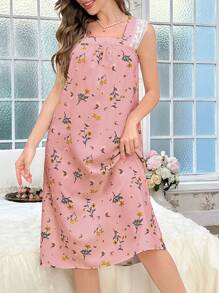 CottageSlumber Square Neck Contrast Lace Floral Print Nightgown Babydoll Perfect Summer, Moo Moo Bountiful Floral Splendor - Pink - View 3
