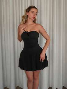 Glamine Abito mini con scollo a canottiera, fiocco, arricciatura a volant e orlo, adatto per la scuola, vestito casual elegante lunghezza ginocchio per donna, primavera/estate - nero - Visualizzare 1