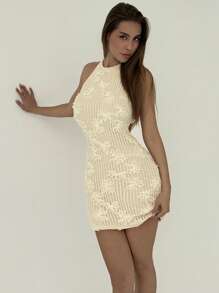 Aloruh Backless Knit Jacquard Halter Dress For Women