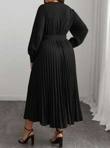 Elenzga Plus Size Women's V-Neck Solid Color A-Line Long Sleeve Dress, Elegant Office & Casual, With Waist Belt, Suitable For Spring, Autumn & Winter, For Christmas Maxi Women Outfit Fall Cloth For Women - Black - View 2