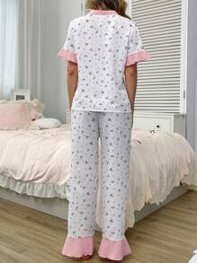 2pcs Contrast Ruffle Trim Cute Ditsy Floral Pajama Set - Pink - View 2