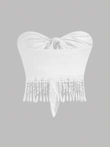 Firerie Áo sơ mi buộc dây kiểu ống đơn giản hàng ngày màu trơn dành cho nữ - trắng - Xem 2