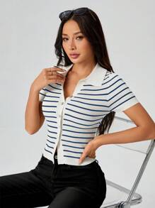 SHEIN PETITE Women's Lapel Preppy Striped Button-Down Sweater - Multicolor - View 5