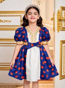 SHEIN Young Girls Purple Floral Print Princess Dress With Puff Sleeve, Suitable For School, Party, Decoration, Girls Daily Wear, Family Occasions And Special Celebrations
