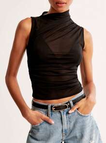 Siren Gaze 黑色网眼透视不对称领口上衣，音乐节派对上衣，夏季女装，复活节/音乐会女装音乐节假期 - 黑色 - 查看 7