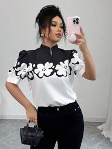 Selianne Elegant Casual Floral Print Stand Collar Short Sleeve Women Shirt, Spring/Summer - Black and White - View 6