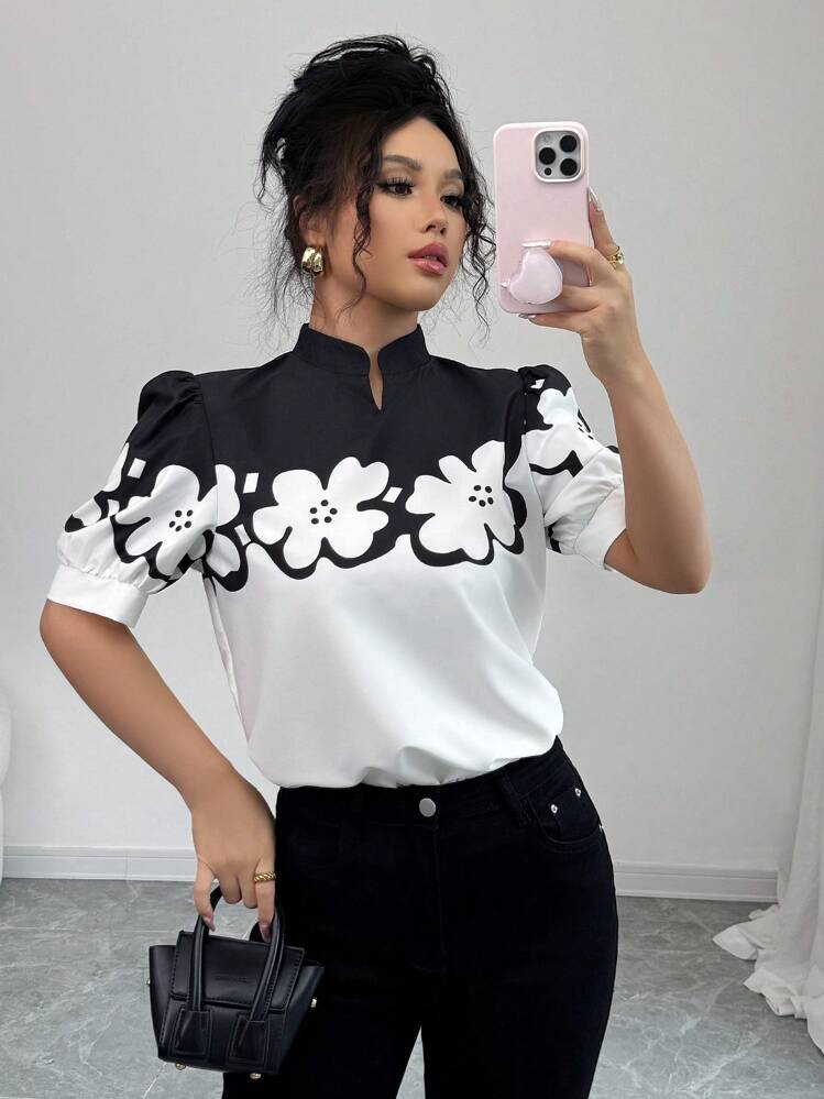 Selianne Elegant Casual Floral Print Stand Collar Short Sleeve Women Shirt, Spring/Summer - Black and White - View 6