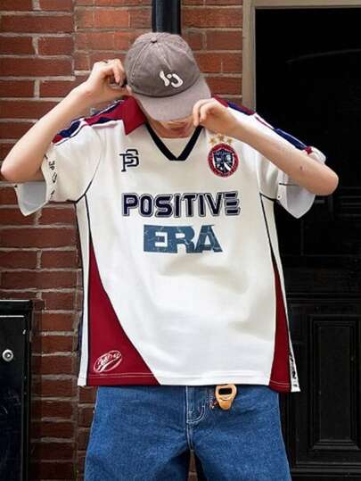 SHEIN 1 件青少年男孩休闲舒适百搭复古美式宽松数码印花针织 Polo 衫，春季和返校的最佳选择