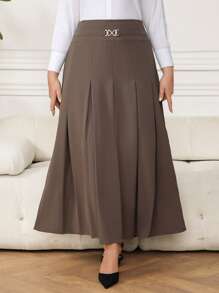 Modelyn Plus Size Solid Color Pleated Long Skirt - Coffee Brown - View 1