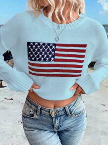 SHEIN LUNE Casual US Flag Pattern Drop Shoulder Sweater, Autumn/Winter Knit Pullover Fall - Blue - View 6