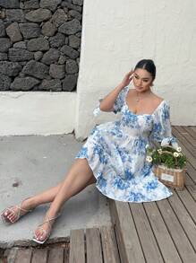 Sunnyshic Plus Size Keyhole Neck Floral Cinched Waist A-Line Dress, Vacation, Sun Dress