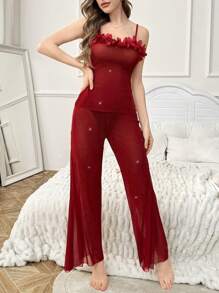 SHEIN 2 sztuki kwiatowy wystrój błyszczący przezroczysty seksowny zestaw piżamowy z koszulką i długimi spodniami - Burgund - Zobacz 6