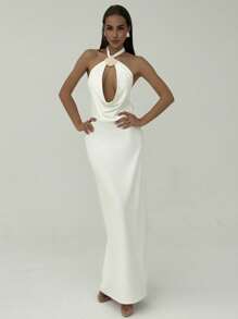 Aloruh Romantic Date, Summer Resort Hollow Shell Decor Backless H-Line Dress For Women,Wedding Guest Dress Women - White - View 5